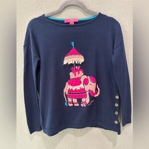 Lilly Pulitzer Navy and Pink Elephant Sweater Sz XXS GUC cotton blend
